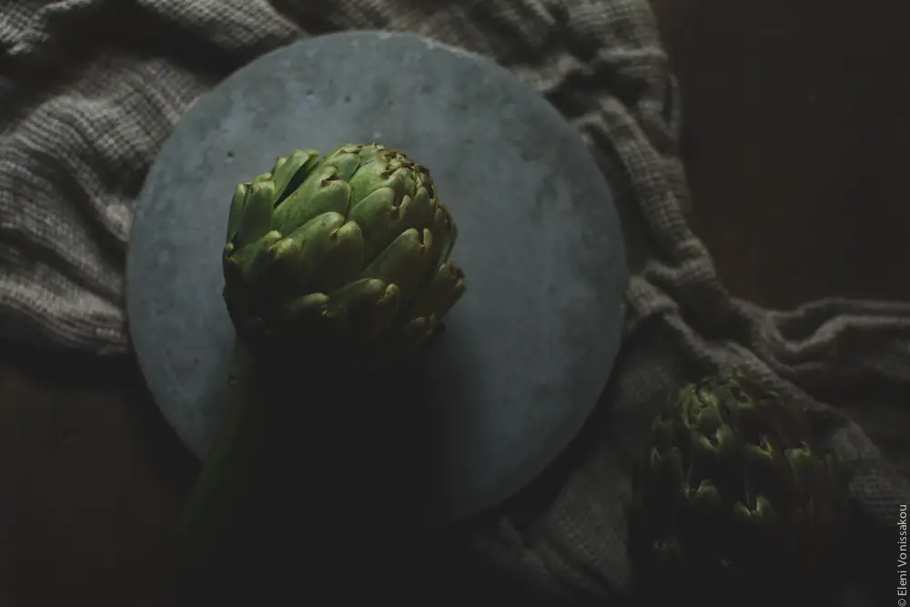 Miliaworkshop2017 www.thefoodiecorner.gr Photo description: an artichoke sitting on a cement plate, the low light reflecting off the top of it. The plate is on a bunched up muslin-type piece of material.