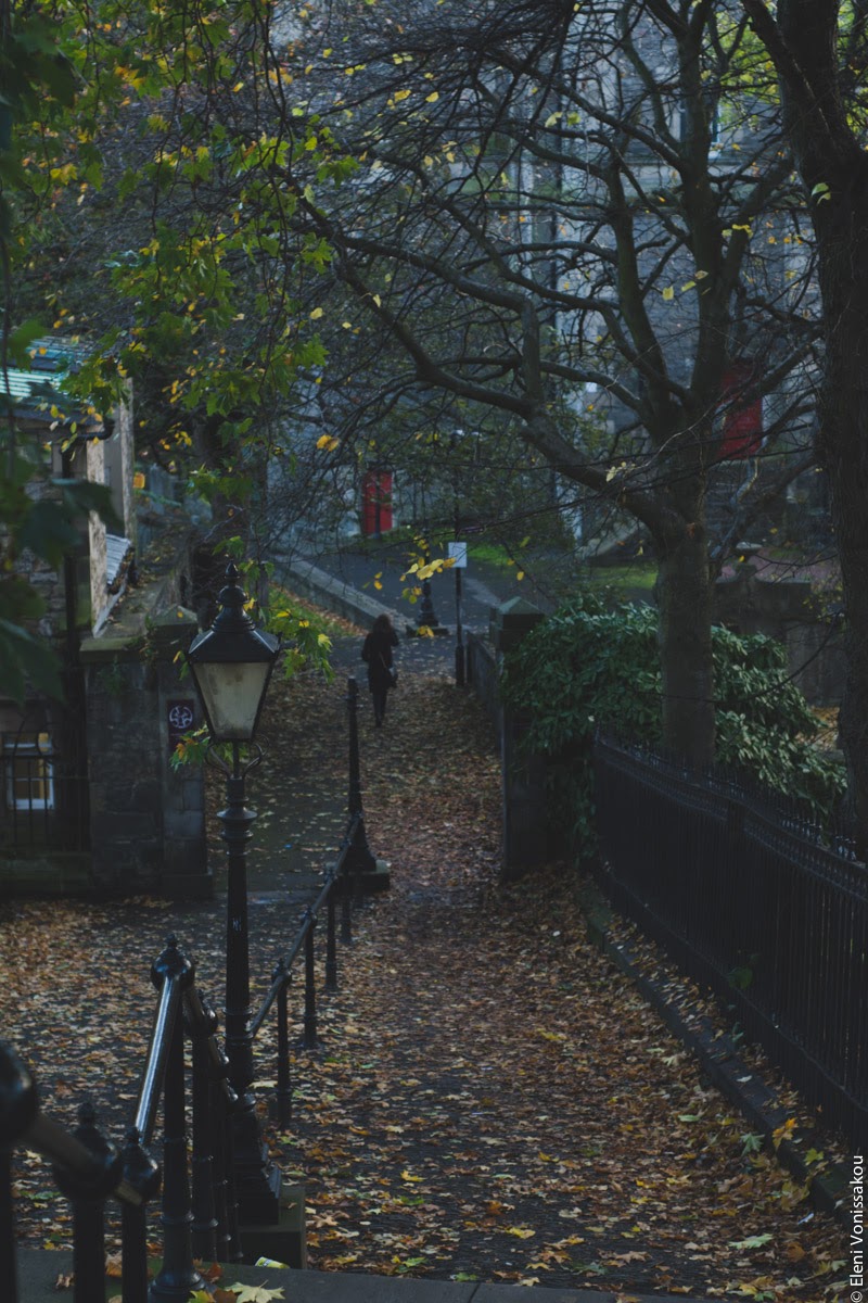 Butternut Squash Soup with Chilli and Whipped Goat’s Yoghurt Feta www.thefoodiecorner.gr Photo description: A stairwell full of autumn leaves leading down into a park, wrought iron railings on each side and a lamp post on the left. Tree branches looming on top, and a woman in black walking ahead in the distance.