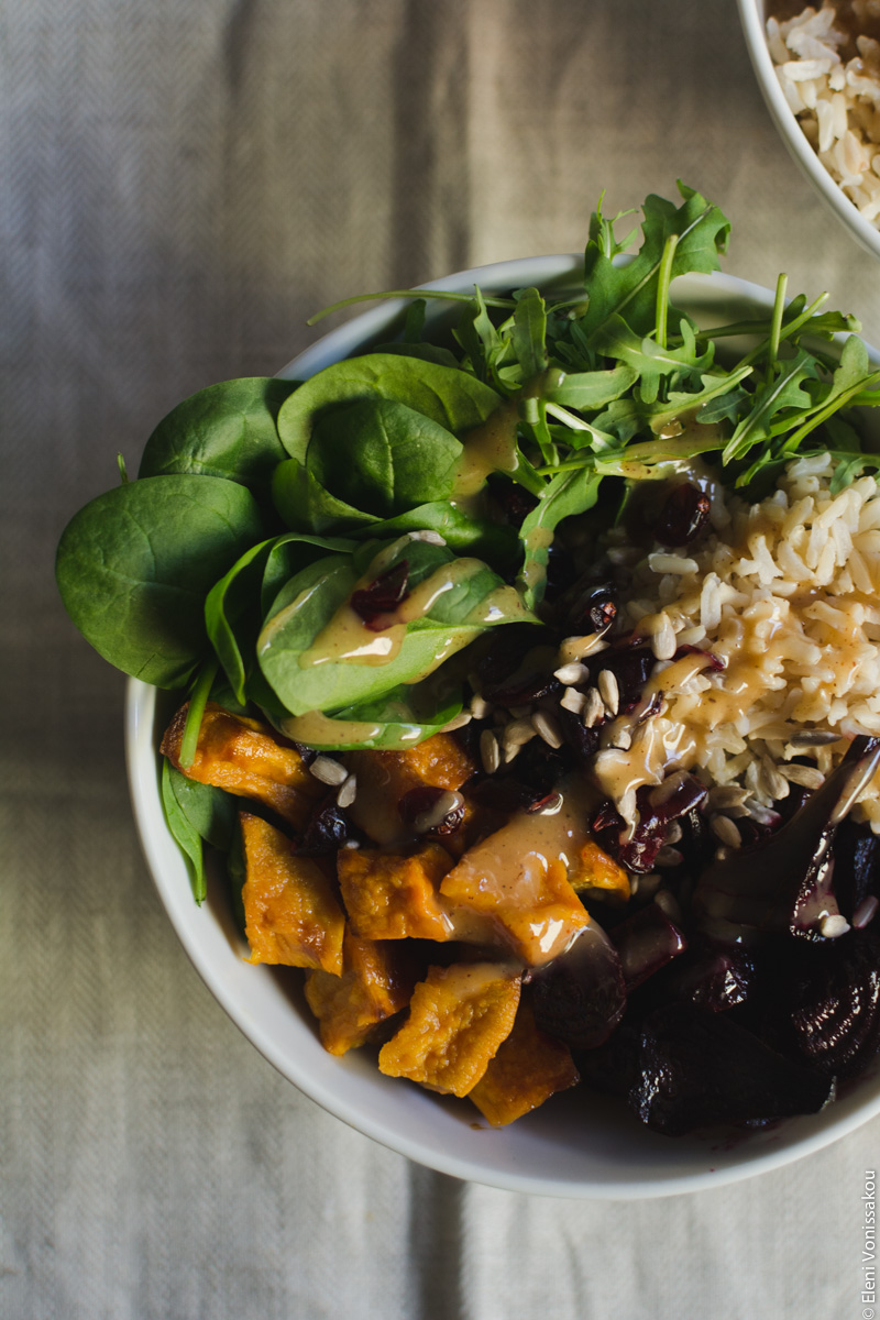 Roast Beetroot and Sweet Potato Buddha Bowl with Spicy Tahini Honey Dressing www.thefoodiecorner.gr Photo description: Three quarters of one bowl and its contents in view, to the right of the photo.