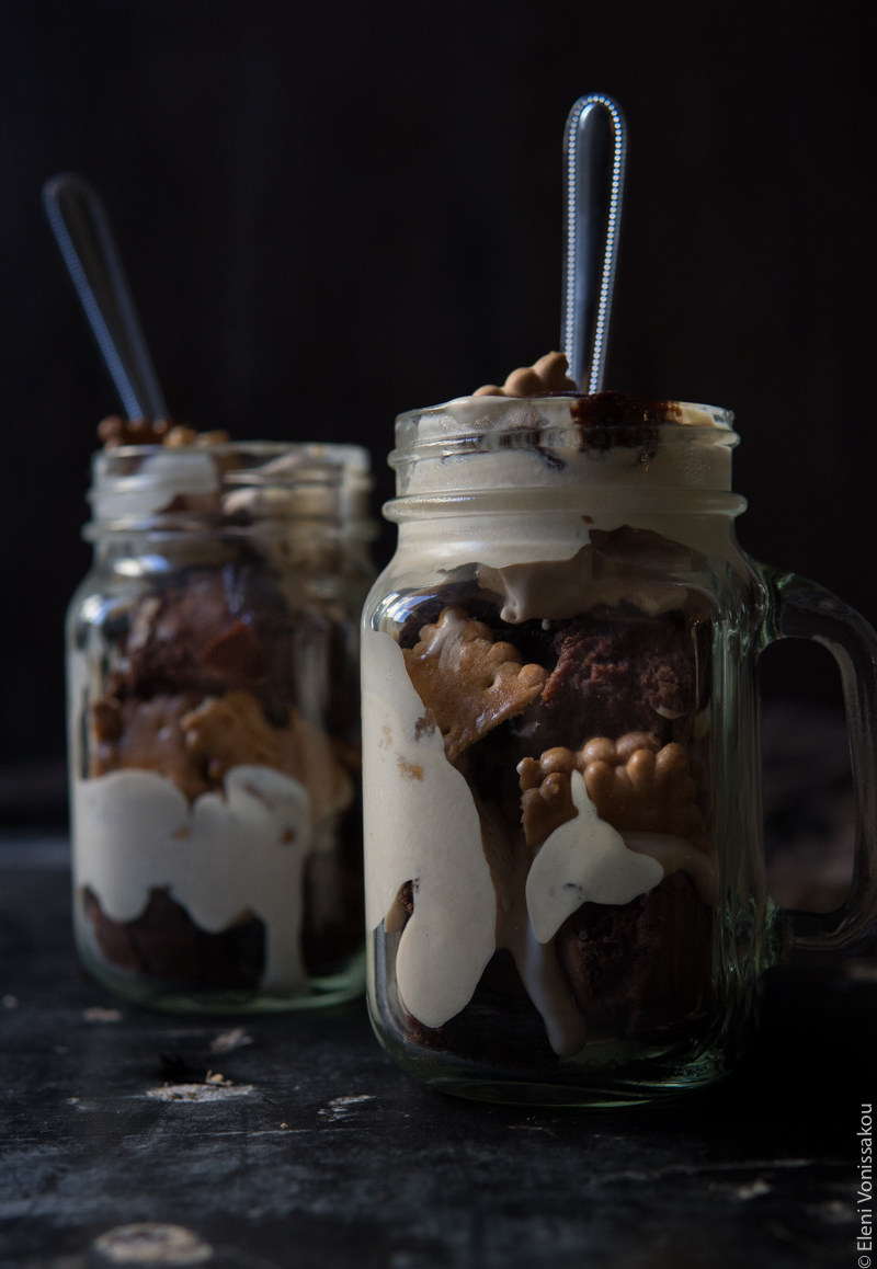 Olive Oil Brownie and No-Churn Coffee Mascarpone Ice Cream Sundae www.thefoodiecorner.gr Photo description: A closer view of the main photo. Better view of the layers inside the jars.