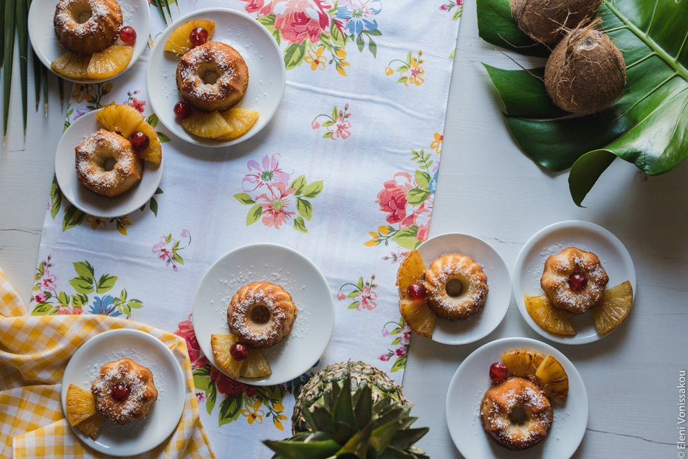 Greek Ravani Turned Mini Pina Colada Cakes www.thefoodiecorner.gr Photo description: very similar set up with main photo, but in landscape view.