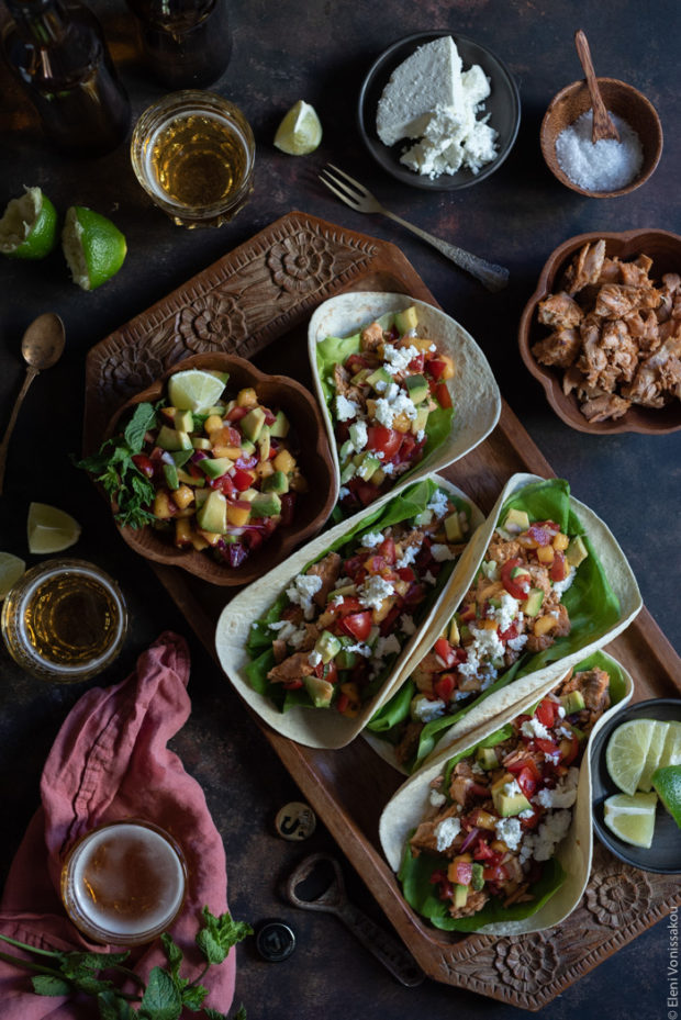 Spicy Salmon Tacos with Manouri Cheese and Peach Avocado Salsa Spicy Salmon Tacos with Manouri Cheese and Peach Avocado Salsa