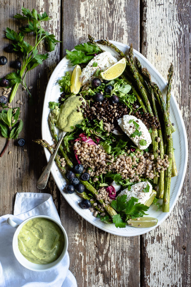 Green Salad with Buckwheat, Beluga Lentils, Roasted Asparagus and Avocado Dressing Green Salad with Buckwheat, Beluga Lentils, Roasted Asparagus and Avocado Dressing
