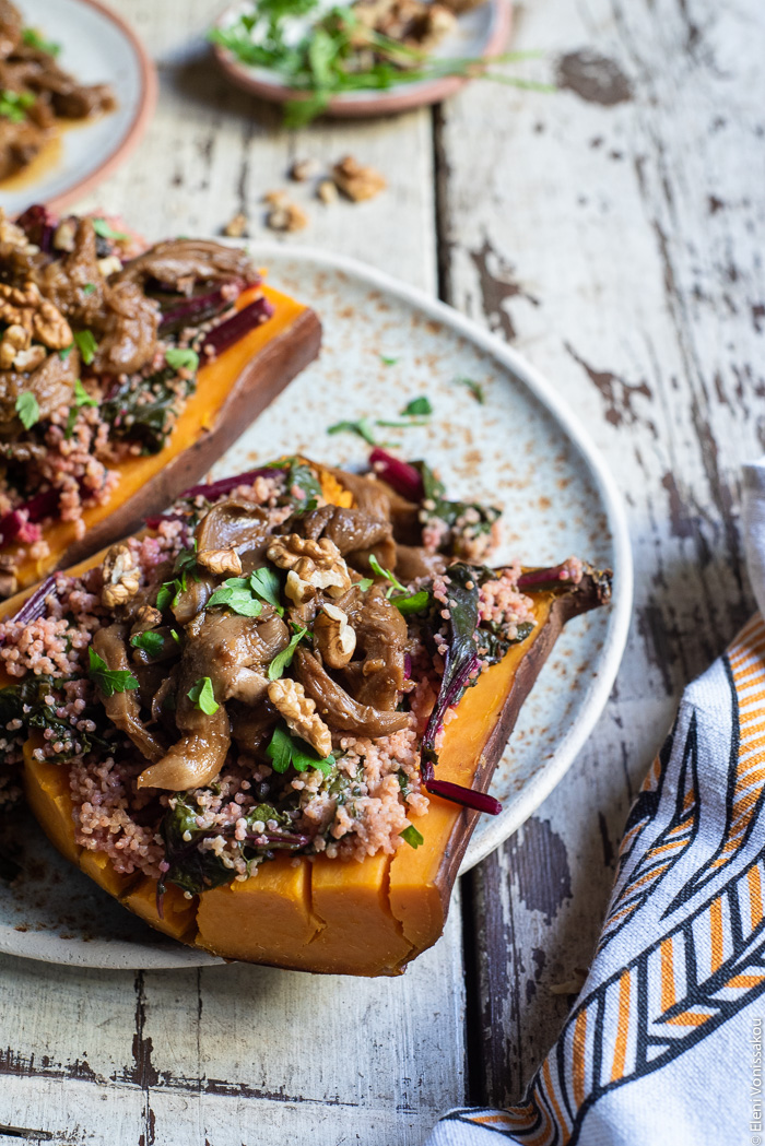 Slow Cooker BBQ Pulled Oyster Mushrooms over Beet Greens Millet and Sweet Potato www.thefoodiecorner.gr Photo description: A close view of a sweet potato loaded with beet greens millet and topped with pulled mushrooms.