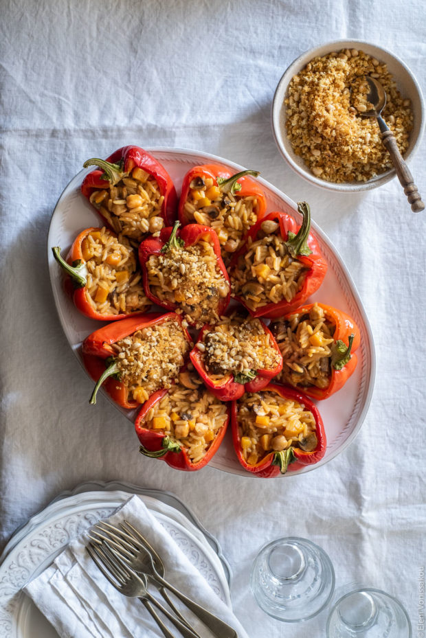 Roasted Red Peppers Stuffed with a Mushroom, Pumpkin and Harissa Chickpea Orzotto